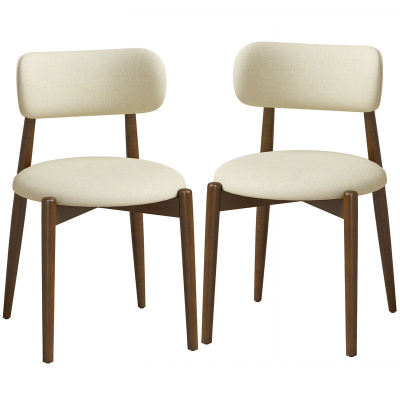 Set of 2 beige chenille dining chairs with walnut-tone rubberwood legs on a white background