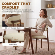 Woman relaxing on a beige chair with a 5 cm padded seat and 50 cm curved back