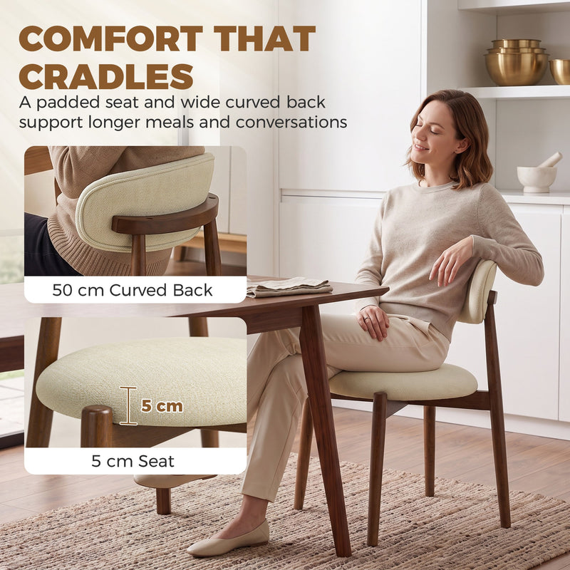 Woman relaxing on a beige chair with a 5 cm padded seat and 50 cm curved back