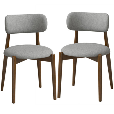 Set of 2 grey chenille dining chairs with walnut-tone rubberwood legs on a white background