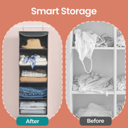 Before and after graphic comparing a tidy grey hanging wardrobe organiser with a cluttered closet shelf