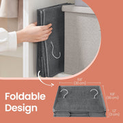Close-up of the grey organiser being unfolded by hand, showing the folded size of 30 x 30 x 3 cm and metal hook
