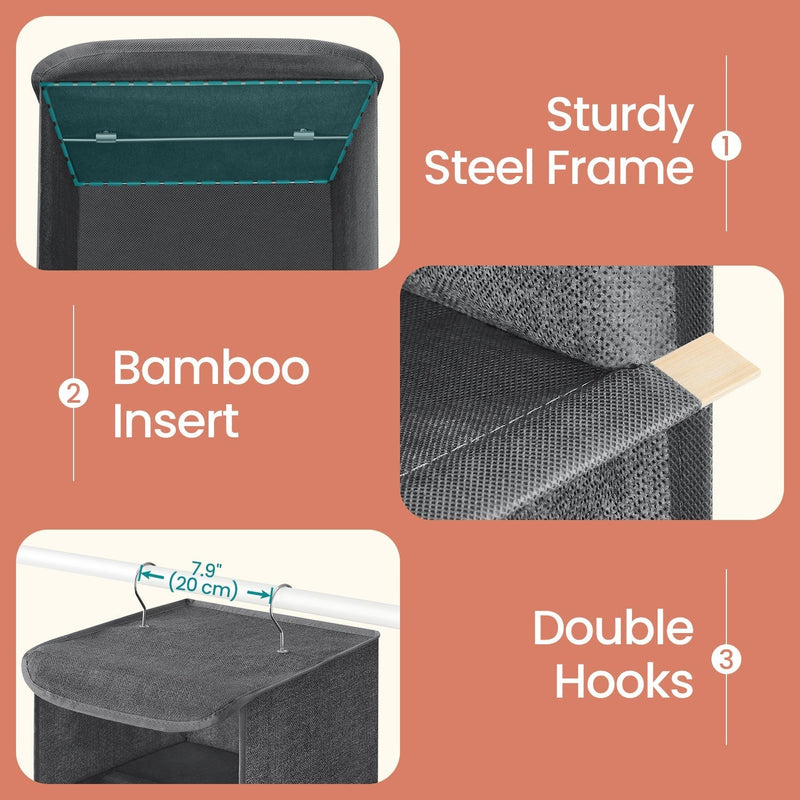 Close-up detail shots of the metal top frame, bamboo shelf insert and the 2 hooks spaced 20 cm apart