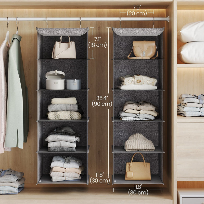 Labelled dimensions diagram of two grey hanging wardrobe organisers in a wardrobe, each 30 x 30 x 90 cm with 5 shelves and hooks spaced 20 cm apart