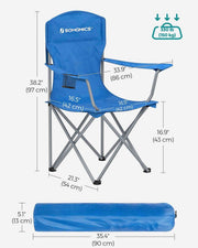 Dimensions diagram of the camping chair showing 97 cm height, 43 cm seat height and 150 kg load