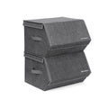Two grey fabric storage boxes stacked with their magnetic lids closed