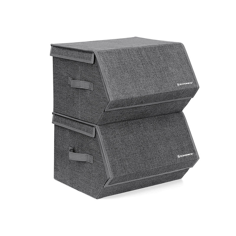 Two grey fabric storage boxes stacked with their magnetic lids closed
