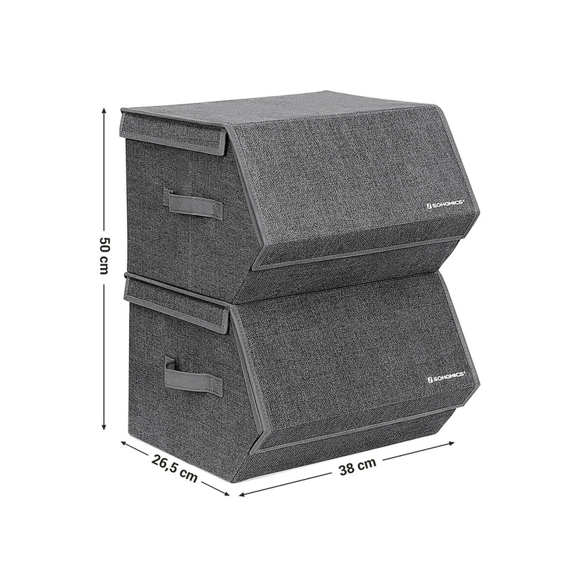 Dimensions diagram: each box 38 cm wide and 26.5 cm deep, 50 cm high when stacked