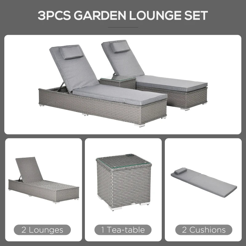3pc Rattan Sun Lounger Set, Grey