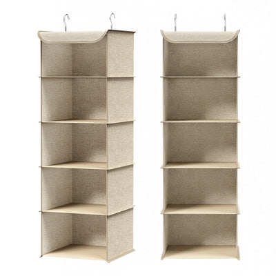 Two Sand Beige 5-tier hanging wardrobe organisers side by side, studio shot