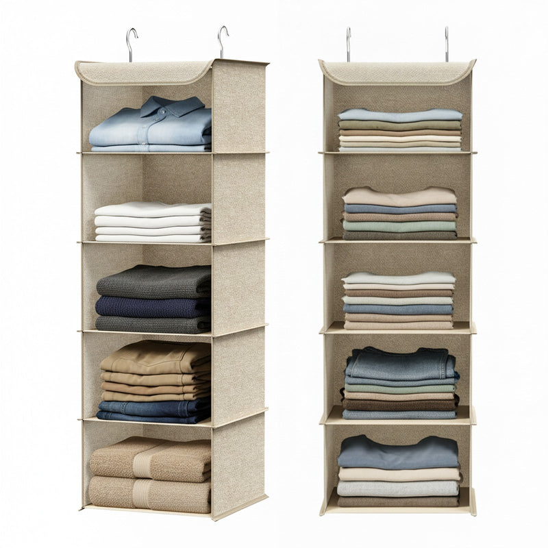 Two Sand Beige hanging wardrobe organisers with folded clothes and towels filling each shelf