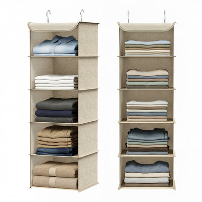 Two Sand Beige hanging wardrobe organisers with folded clothes and towels filling each shelf