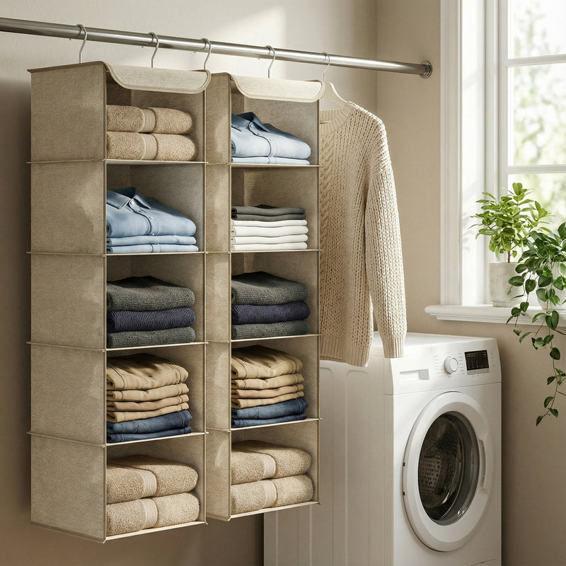 Two Sand Beige hanging organisers on a rail in a utility room beside a washing machine