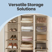 Close-up of shoes, folded knitwear and handbags stored on the shelves of a Sand Beige hanging organiser