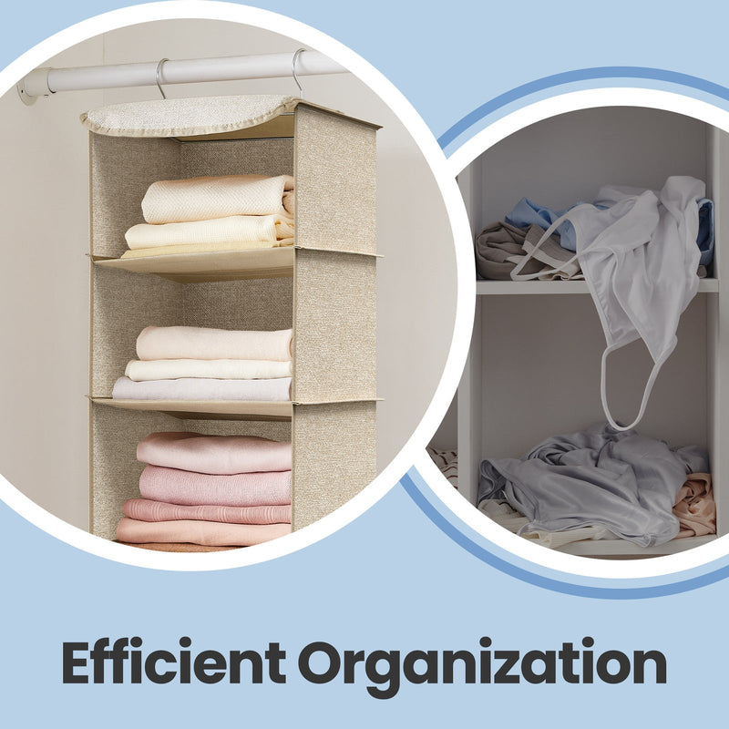 Sand Beige hanging organiser shelf holding folded towels beside a wardrobe shelf of folded laundry