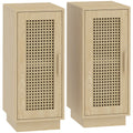 Pair of natural wood bedside tables with faux rattan doors