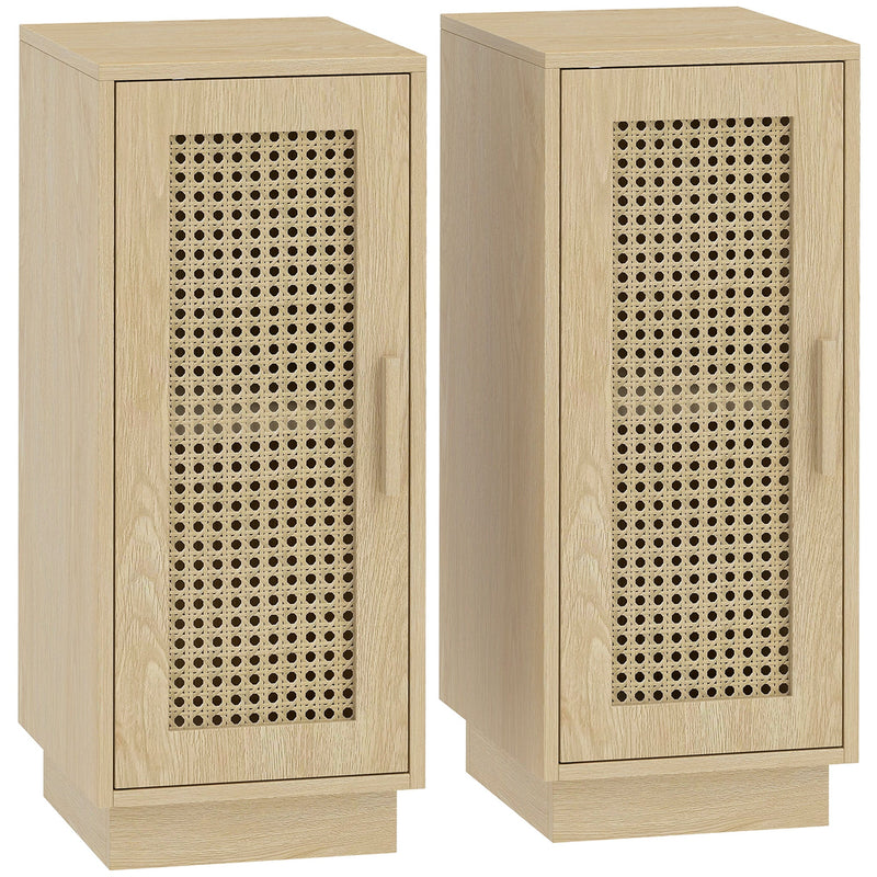 Pair of natural wood bedside tables with faux rattan doors