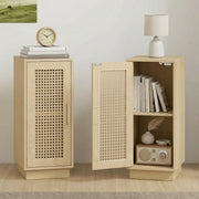 Bedside tables with one door open showing a shelf of books and a radio