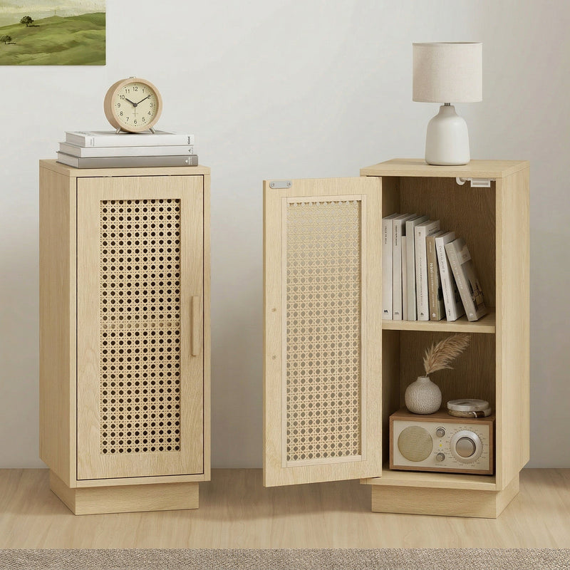 Bedside tables with one door open showing a shelf of books and a radio