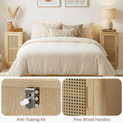 Two bedside tables either side of a bed with anti-tipping kit and pine handle close-ups