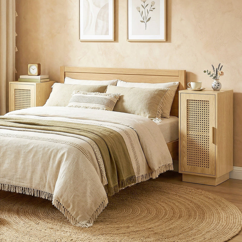 Bedside table beside a bed with a round woven rug in a bedroom