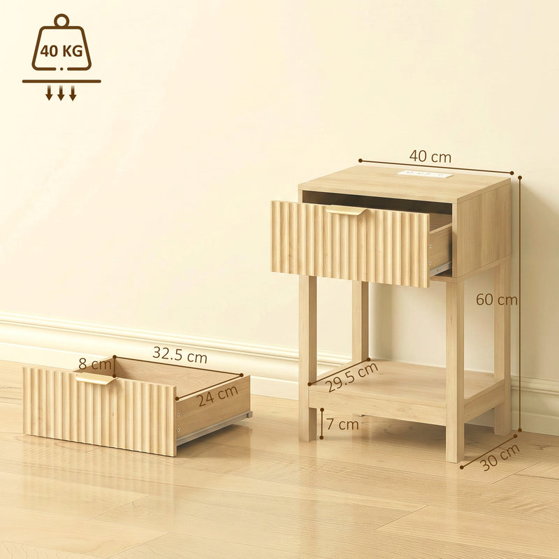 Dimensions diagram of the oak bedside table showing 40 cm width, 60 cm height and drawer width