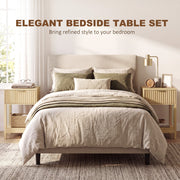 Oak bedside tables either side of a bed under the heading elegant bedside table set