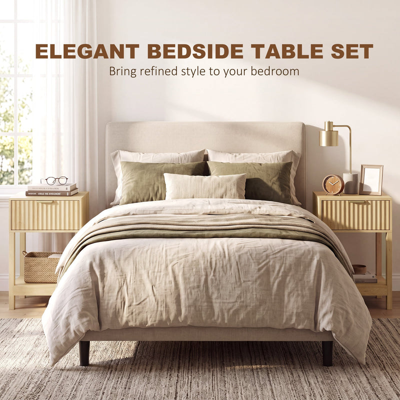 Oak bedside tables either side of a bed under the heading elegant bedside table set