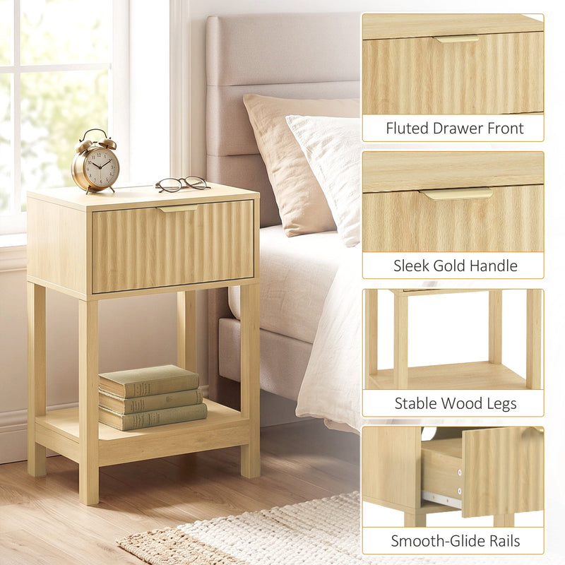 Feature panel showing the fluted drawer front, gold handle, wood legs and smooth-glide drawer