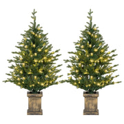 Pair of pre-lit 4ft Christmas trees in distressed bronze pots on a white background