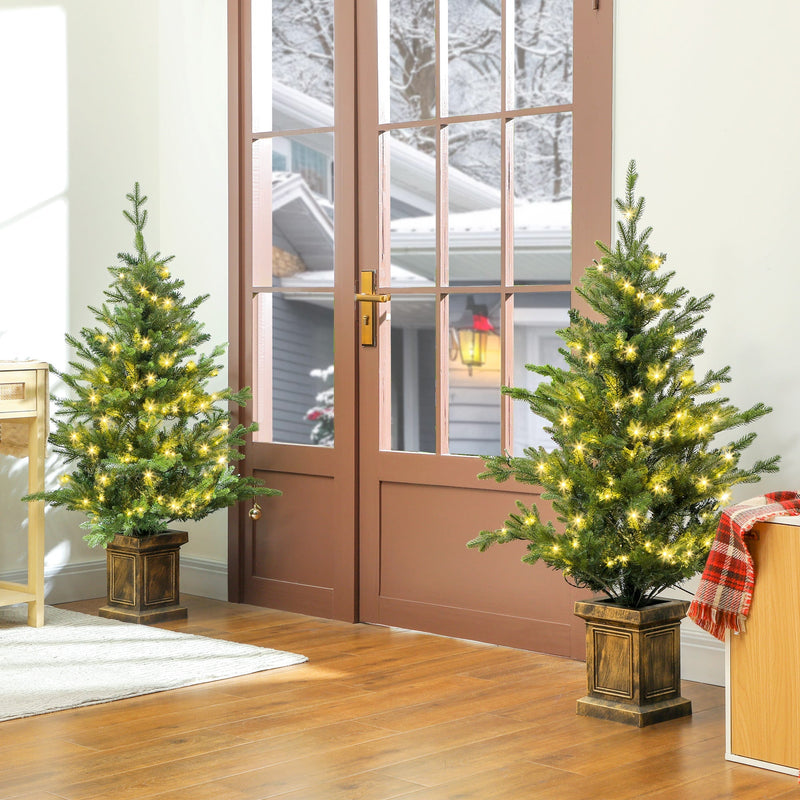 Two lit Christmas trees in pots either side of a glazed hallway door