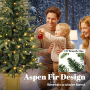 Parent and child hanging a bauble on an Aspen Fir tree with a 147 branch tips callout