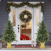 Two lit Aspen Fir trees beside a white front door with a garland and small dog