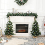 3ft pair of Christmas trees either side of a white fireplace with a wreath and garland