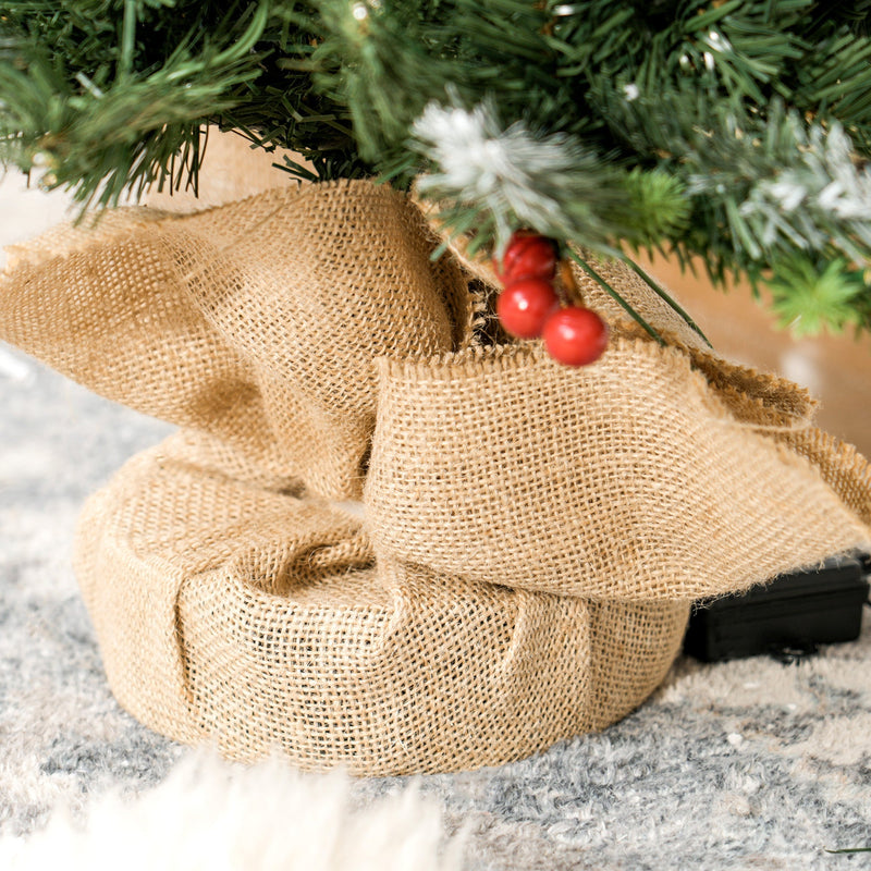 3ft set Christmas tree burlap base with red berries close-up