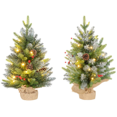 2ft set of two frosted pre-lit Christmas trees with berries and pinecones in burlap bases, studio shot
