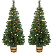 Pair of pre-lit pine Christmas trees with red berries in barrel-style pots