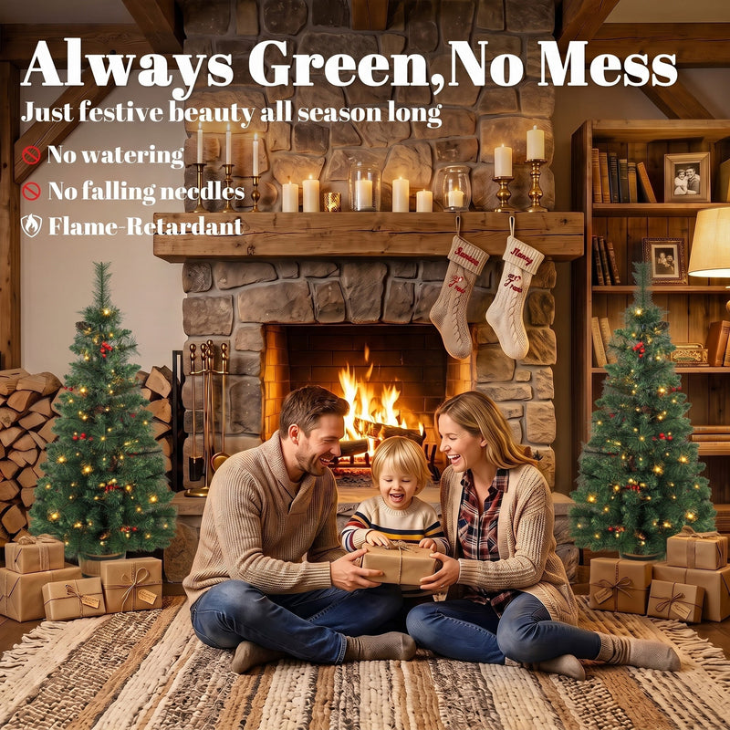 Family opening a gift by a fireplace with two lit pine trees and an always green, no mess heading