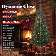 Lit pine tree beside a fireplace with 200 LED lights and a list of 11 lighting modes