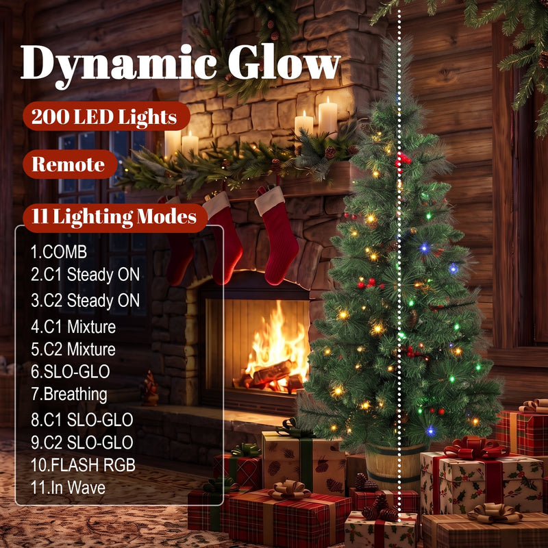 Lit pine tree beside a fireplace with 200 LED lights and a list of 11 lighting modes