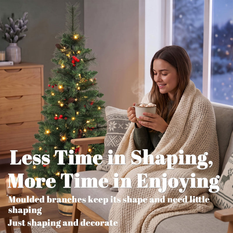 Woman with a hot drink beside a pine tree under a less time shaping heading
