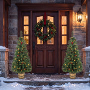 Two pine trees either side of a dark wooden front door with a wreath