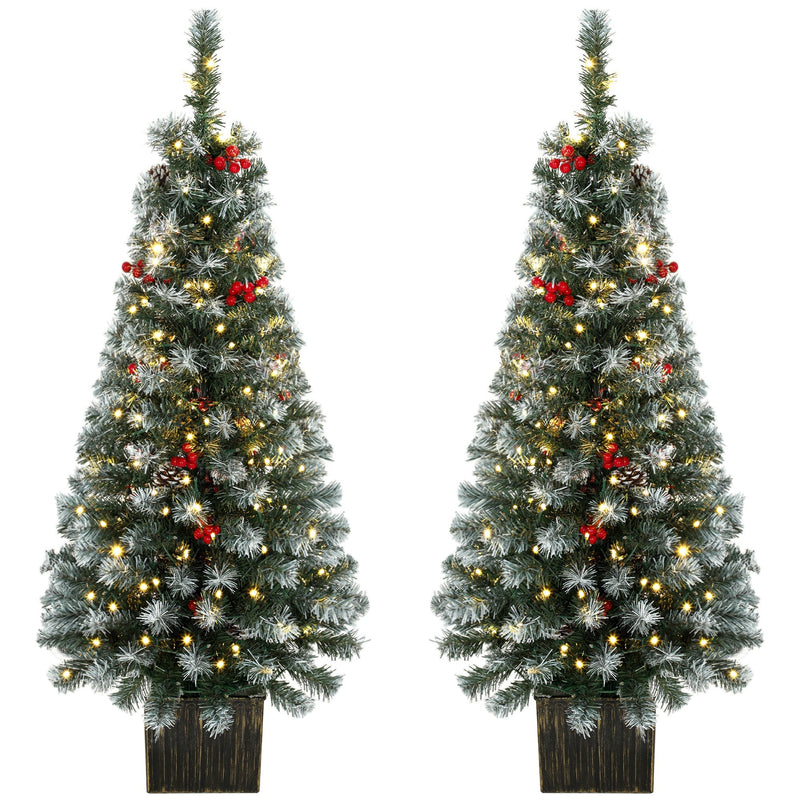 Pair of slim frosted pine Christmas trees with red berries in dark rustic pots