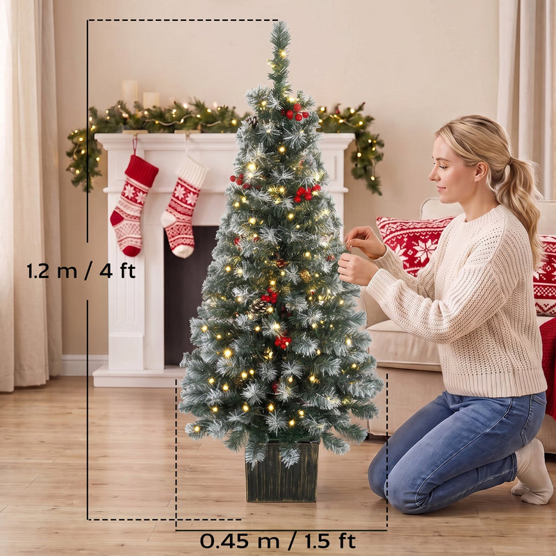 Dimensions diagram showing the slim frosted pine tree at 120 cm high and 45 cm wide
