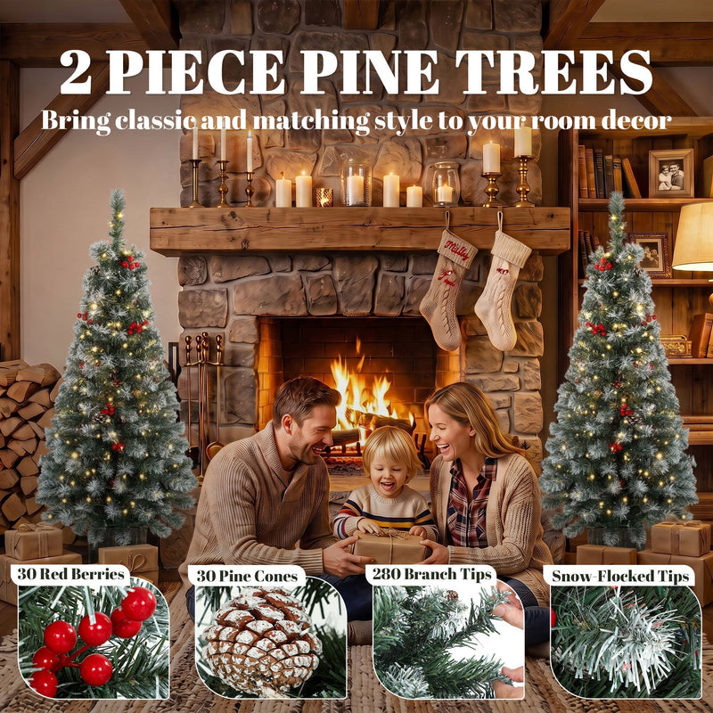 Two piece pine trees by a fireplace with callouts for berries, pine cones and branch tips
