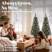 Family with two frosted pine trees in a living room under a no watering, no falling needles list