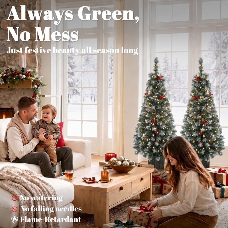 Family with two frosted pine trees in a living room under a no watering, no falling needles list