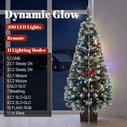 Lit frosted pine tree with a list of 11 lighting modes and 200 LED lights across the pair