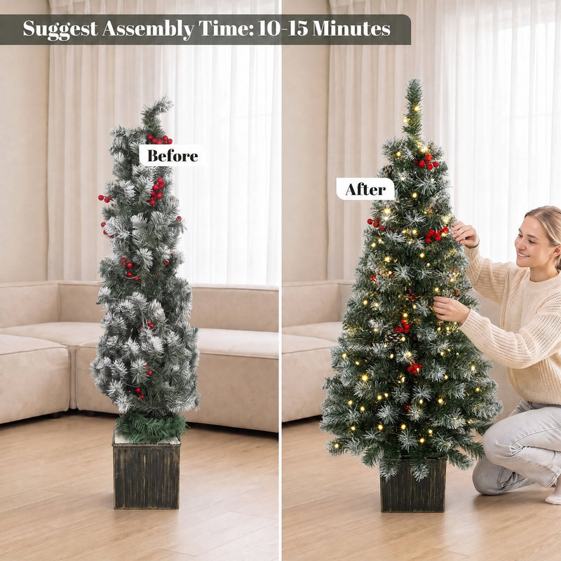 Before and after shaping of a frosted pine tree with a woman fluffing the branches