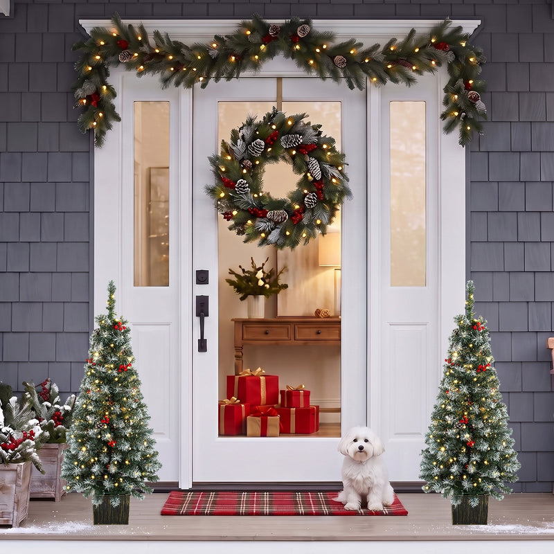 Two frosted pine trees beside a white front door with a garland and small dog